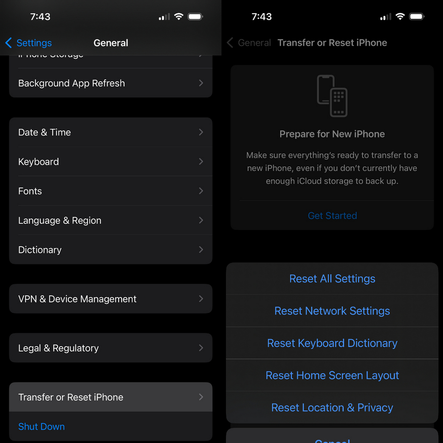 Resetting network settings on iPhone