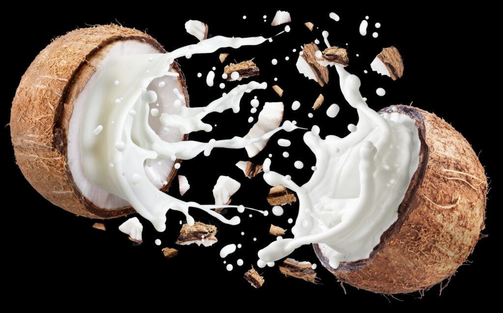 Coconut milk flying out from split coconut fruit on black background. Image Via Shutterstock