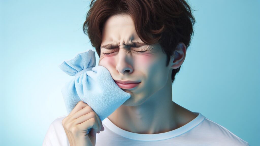 Applying a cold ice pack on the cheek over the painful area can help relieve pain. Image credit: Dall-E 3