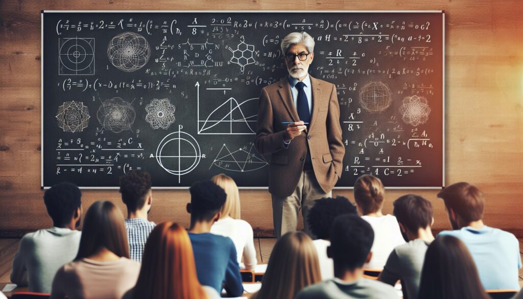 Recreación de Jim Simons enseñando matemáticas a los estudiantes. Imagen generada mediante Dall-E