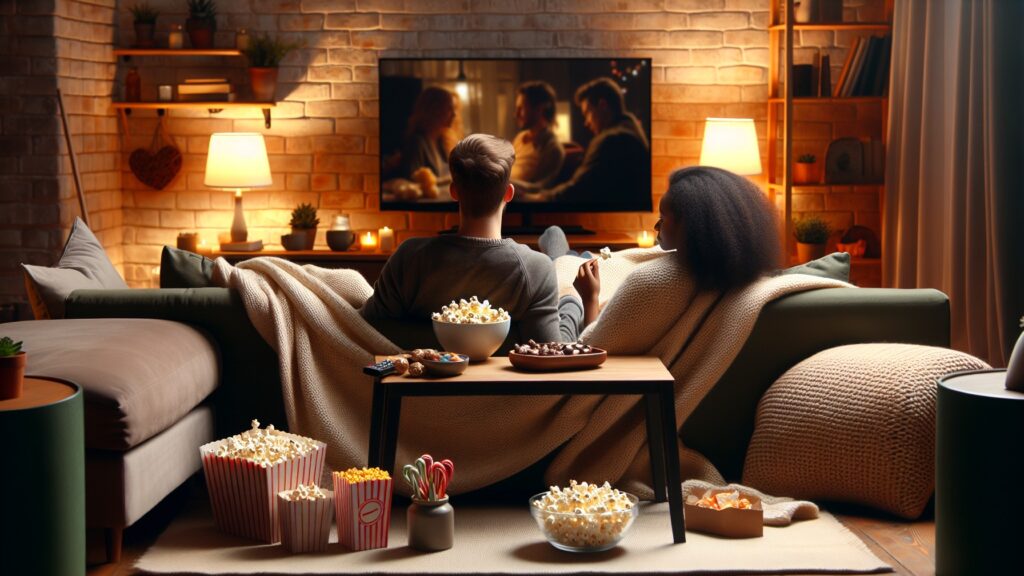 Skip the expensive theater tickets and set up a cozy movie night at home. Image: Dall-E 3