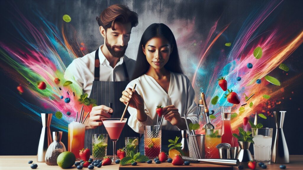 Get creative with your partner by hosting a DIY cocktail competition. Image: Dall-E 3