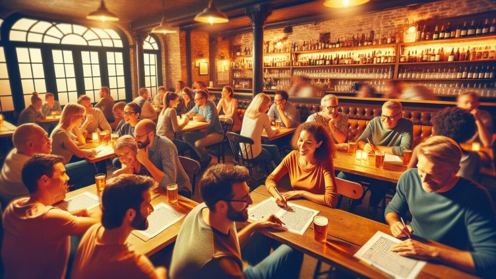 Show off your smarts and see if your partner can keep up by hitting up a local bar's trivia night. Image: Dall-E 3
