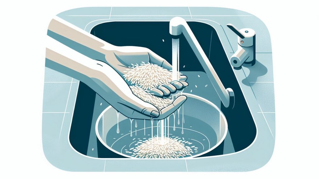 Run your rice under cold water in a fine-mesh sieve until the water runs clear. Image: Dall-E 3