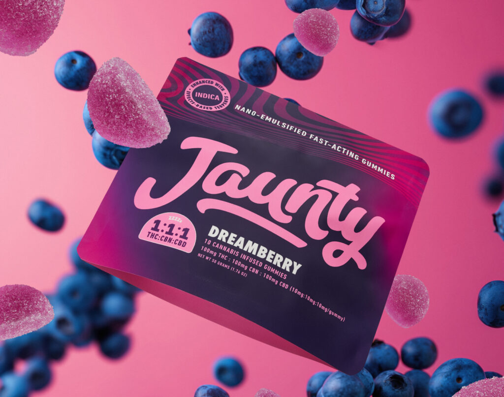 Jaunty Dreamberry gummies 10 pack creative shot color pop background prop with fruit