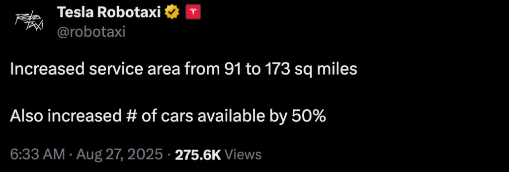 Tweet from Tesla Robotaxi announcing increased service area from 91 to 173 square miles and raising number of cars available by 50%