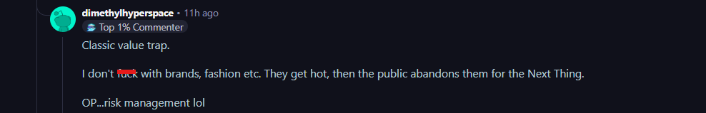 A comment on Reddit about LULU stock.