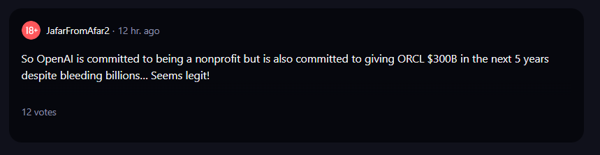 A comment talking about ORCL stock on Reddit. 