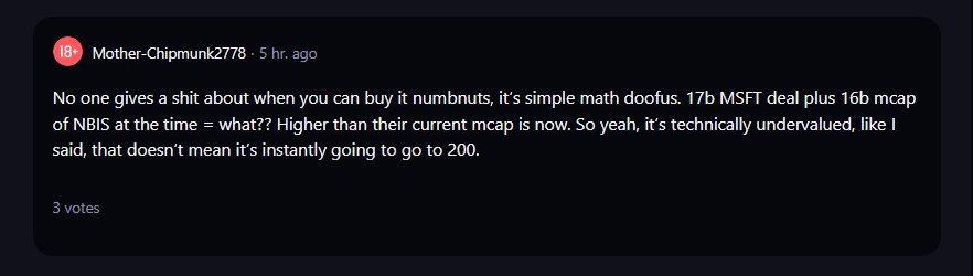 A comment talking about NBIS stock on Reddit. 