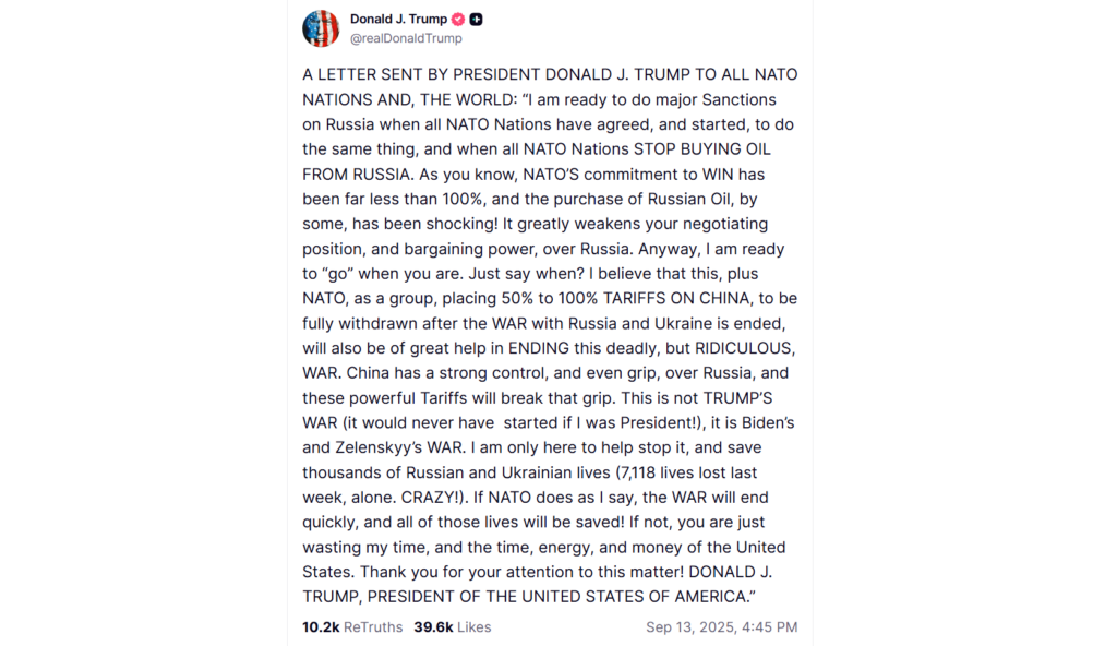 Donald Trump's Truth Social post of a letter sent to all NATO nations