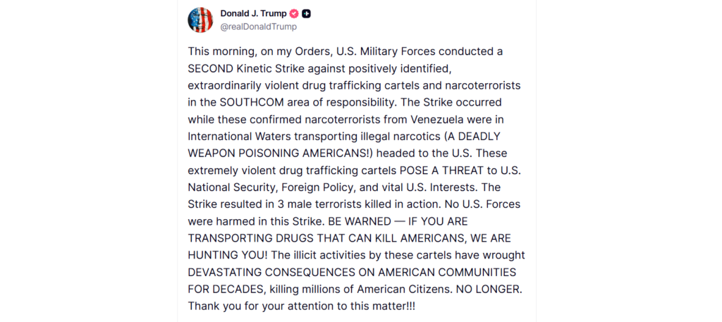 Donald Trump Truth Social post on supposed second strike against Venezuelan drug traffickers