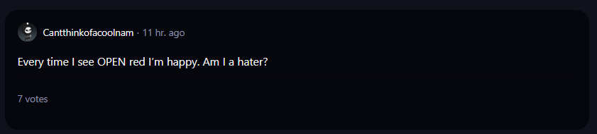 A screenshot of a comment on Reddit about OPEN.