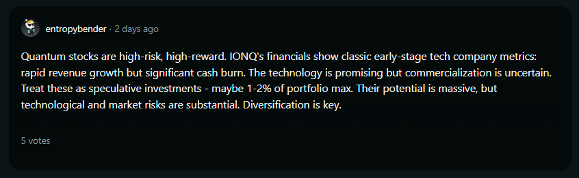 A screenshot of a comment on Reddit about IONQ.