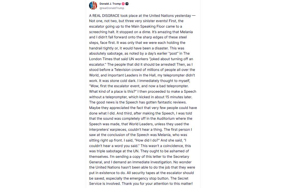 Donald trump Truth Social post describing three sinister events that happened at the United Nations
