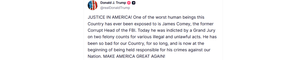 Donald Trump Truth Social post on James Comey indictment