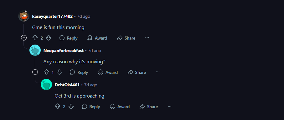 A Reddit comment on GME stock from the r/wallstreetbets daily discussion subreddit. 