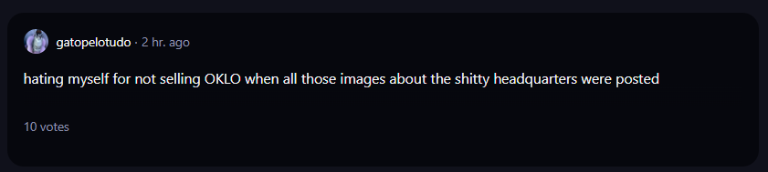 Un commentaire sur OKLO dans le subreddit r/wallstreetbets de Reddit.