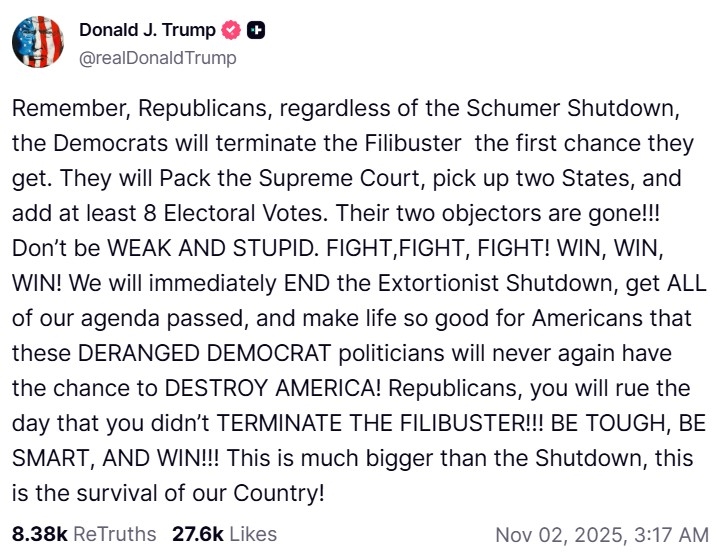 President Donald Trump's post on Truth Social