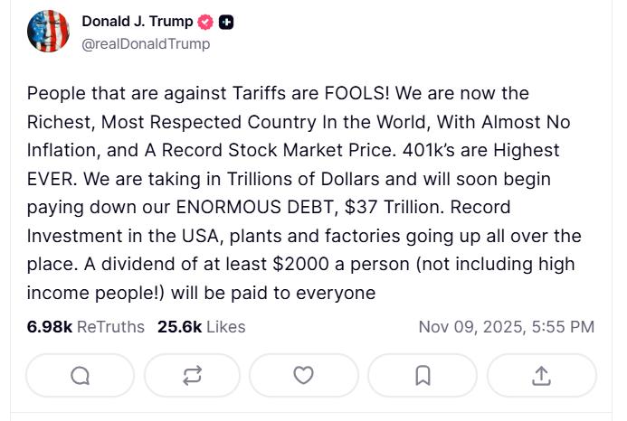 Le post de Donald Trump sur Truth Social.