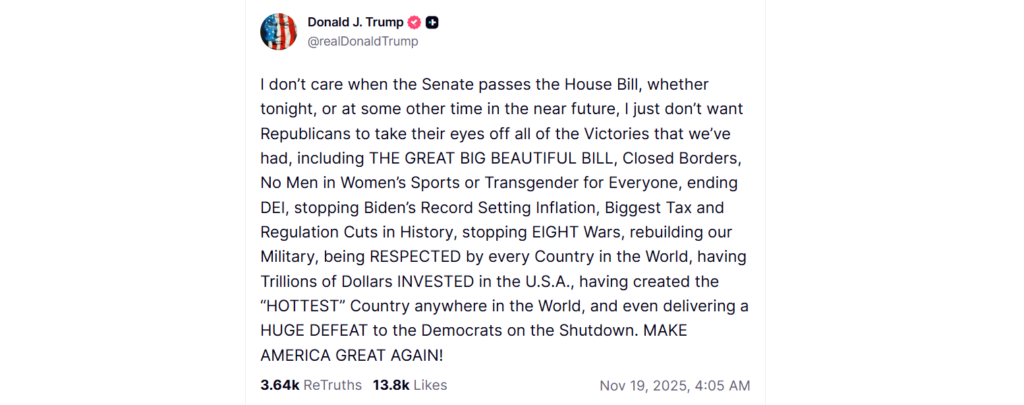 Donald Trump's Truth Social post on Senate passing House Bill releasing more information about the late Jeffrey Epstein