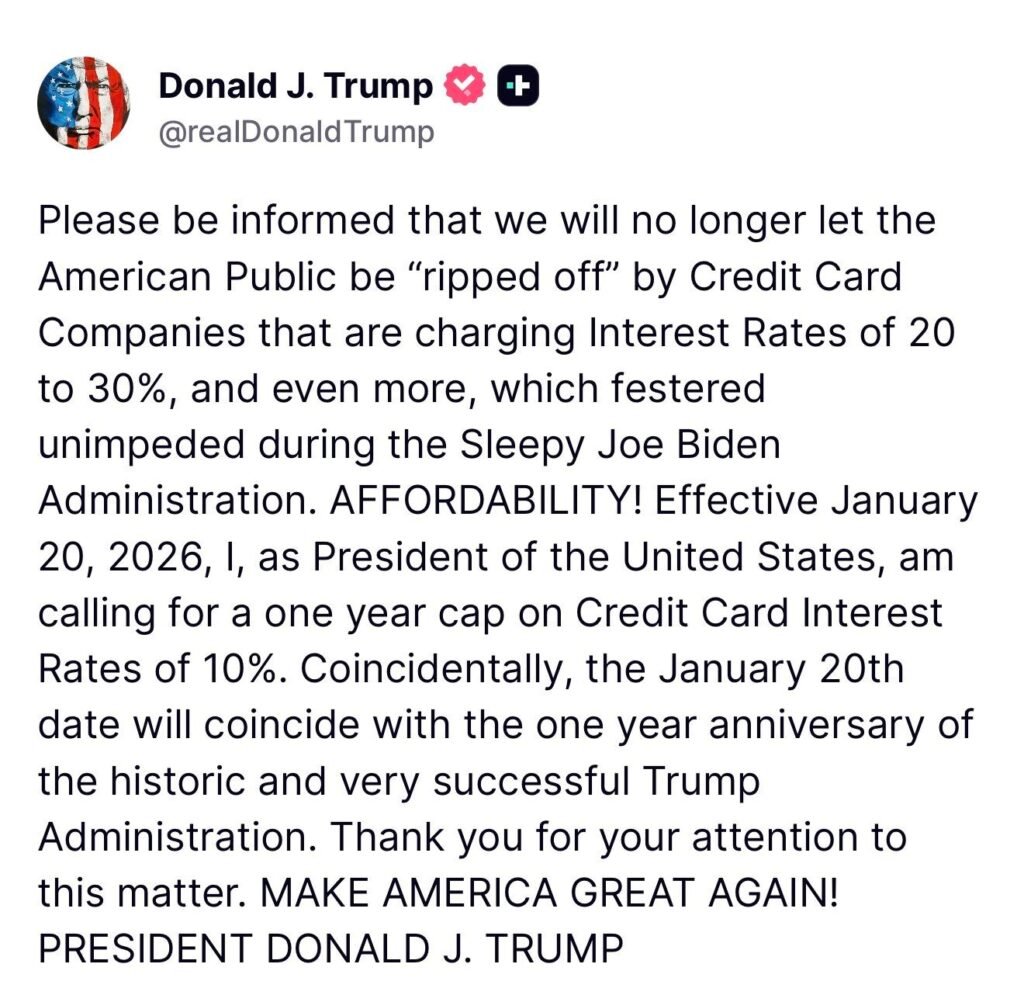 Trump's Truth Social post on credit cards. 
