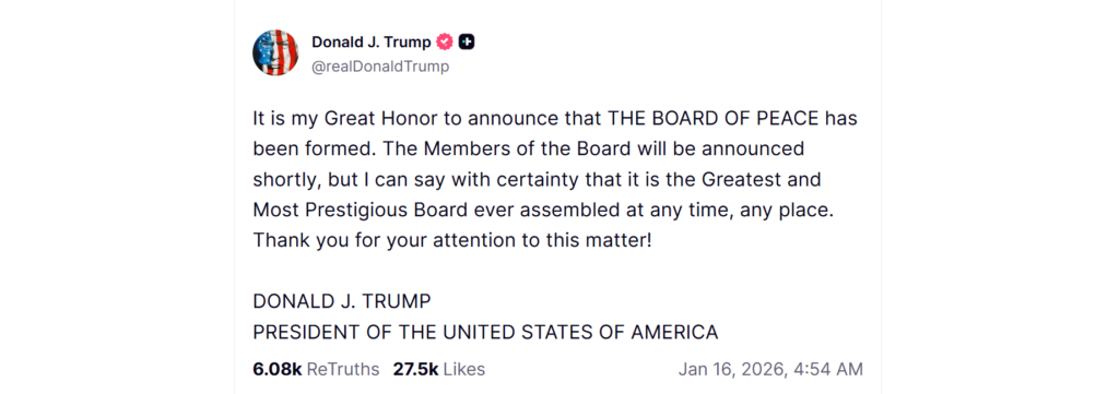 Donald Trump Truth Social post on 'The Board of Peace'