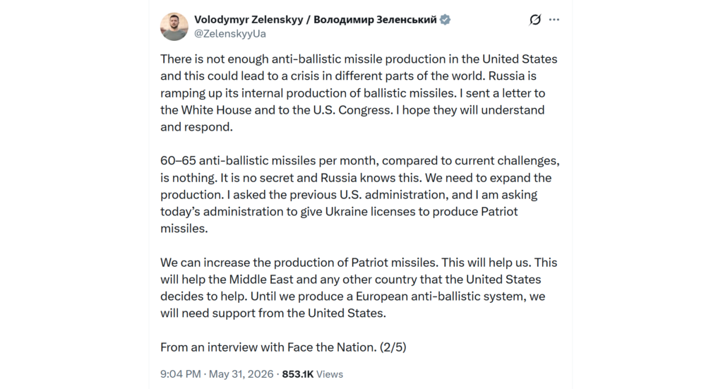 Volodymyr Zelenskyy's X post warns of global risks from limited US anti-ballistic missile output at 60-65 Patriots per month